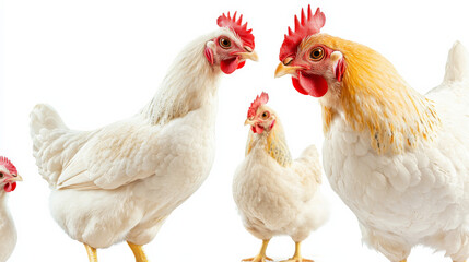 Fototapeta premium Closeup of white chickens in various poses against a clean white background