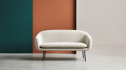 modern, sleek terracotta sofa in stylish living room setting, featuring minimalist design and neutral tones that create warm and inviting atmosphere