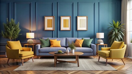 Fototapeta premium Stylish Living Room with Five Blank Frame Mockups for Portfolio Presentation