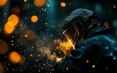 A welder working amidst sparks, showcasing the intensity of industrial craftsmanship.