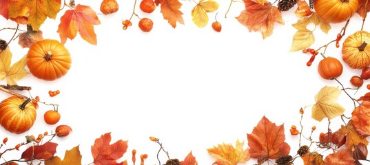 Autumn Leaves and Pumpkins on White Background