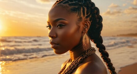Portrait of a beautiful African woman with braided hair, sunset on the beach