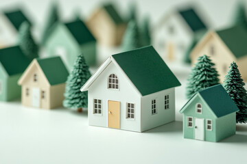 Miniature houses and trees arranged in a playful layout on a surface