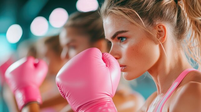 A group fitness class participates in a boxing workout, each wearing pink boxing gloves and following the instructor s lead.