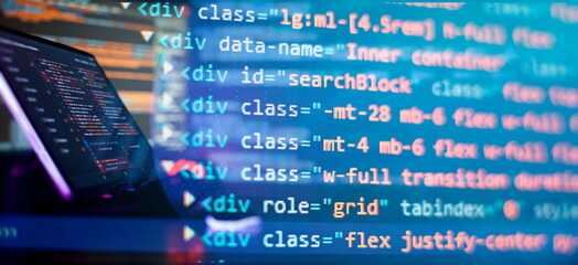 Programming code abstract screen of software developer. Coding script text on screen.
