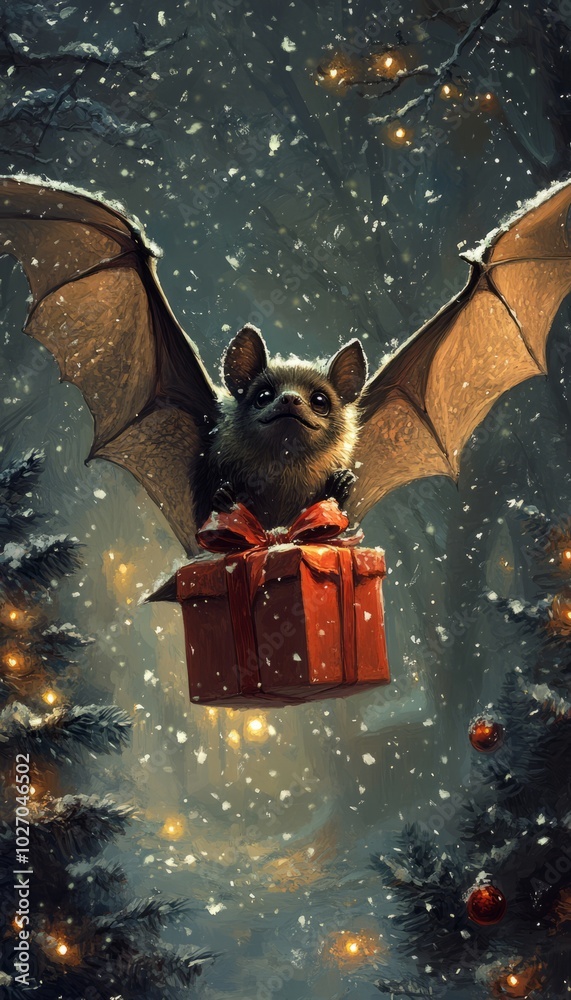 Sticker A cute bat carrying a red Christmas present flying through a snowy forest.