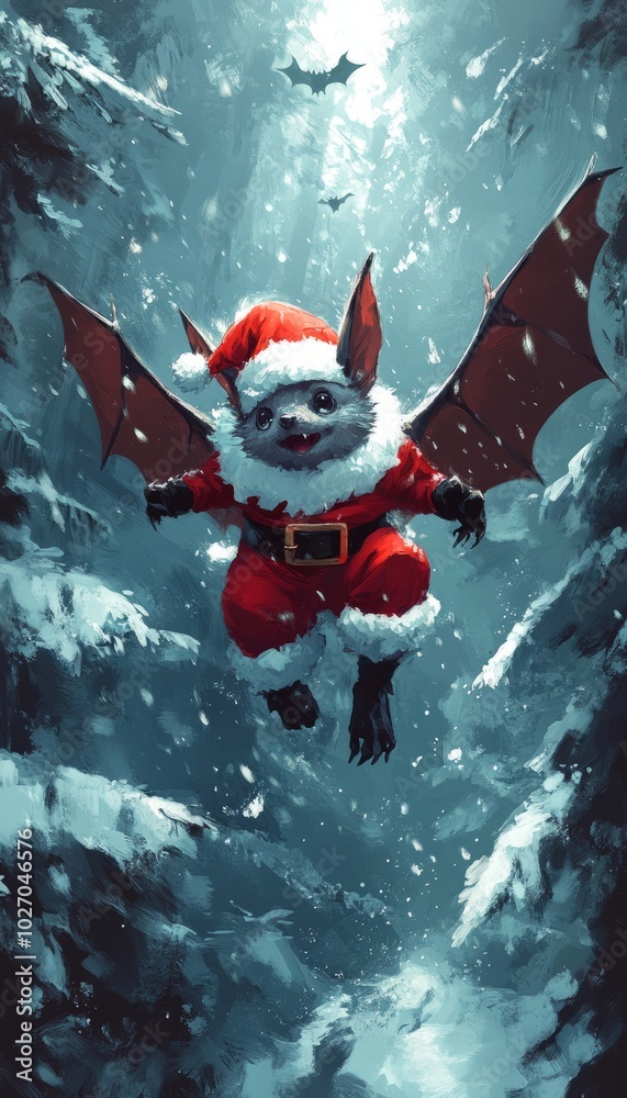 Sticker A cute bat dressed as Santa Claus flying through a snowy forest.