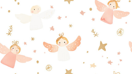 Softly drawn watercolor Christmas angels with delicate wings and gentle expressions, surrounded by stars and floral elements, create whimsical holiday atmosphere