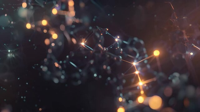 Biotech companys molecular structure digitally depicted with connected atoms in blue and orange, Design a digital representation of a biotech company's breakthrough discovery