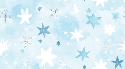 Soft blue background featuring whimsical watercolor snowflakes and stars, creating serene and dreamy winter atmosphere. Perfect for seasonal designs