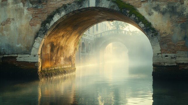 Ancient Stone Archway Over Mist-Shrouded Canal in Venice - Powered by Adobe