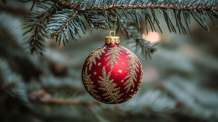 Shiny red and gold Christmas ornament hanging on a pine tree branch clean background--C100