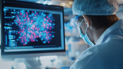 Laboratory technician analyzing data on computer screen, showcasing vibrant molecular structures. atmosphere is focused and scientific, highlighting importance of research