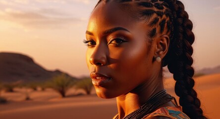 Hyperrealistic portrait of a beautiful African woman, braided hair, glowing skin