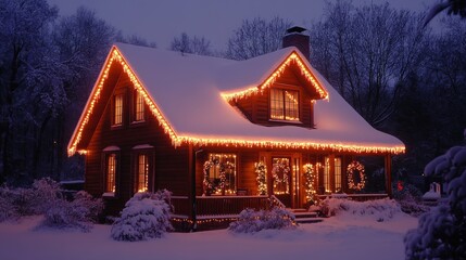 Snow-covered house with bright Christmas lights outlining the roof and windows, night sky in the background, clean background--C100