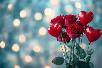 Obraz premium Romantic bouquet of red roses and heart-shaped balloons for special occasions