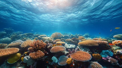Naklejka premium Vibrant coral reef teeming with life in the clear blue ocean, illuminated by sunlight.