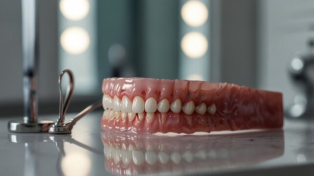 A close-up shot of a set of dentures laying on a white counter.
