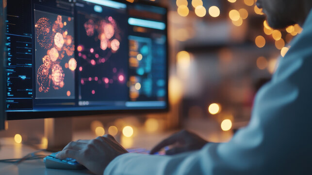 laboratory technician is analyzing data on computer, surrounded by warm, illuminated environment. screen displays intricate visualizations, showcasing complexity of data being processed - Powered by Adobe