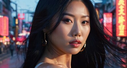 Beautiful portrait of a stunning Asian woman, fair skin, silky black hair