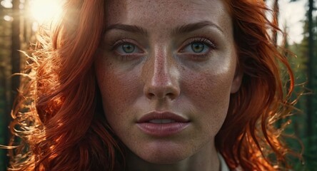 Hyperrealistic portrait of a stunning Caucasian woman, freckled skin