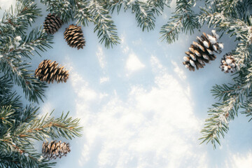Soft snow covers the ground surrounded by pine branches and cones