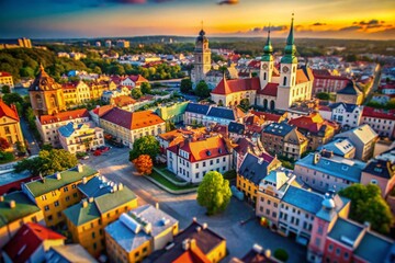 Surreal Aerial View of Rzeszow City, Poland - Dreamlike Landscape with Unique Architecture and Vibrant Colors
