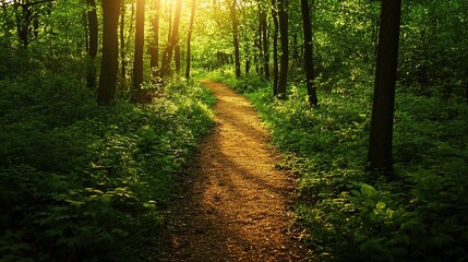 Serene Forest Pathway in Golden Light