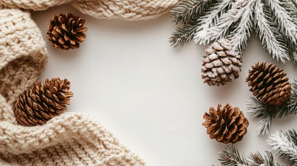Pine Cones and Knitted Fabric with Snow-Covered Pine Branches