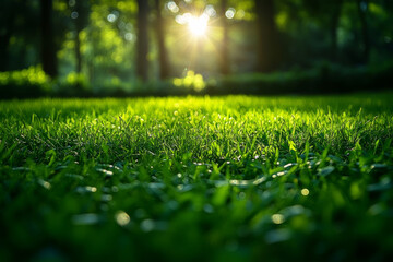 Naklejka premium Early morning sunlight shining through trees onto lush green grass