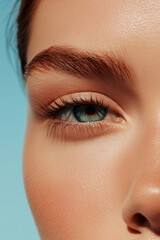 Obraz premium Woman green eye framed by bold brow against light blue background.