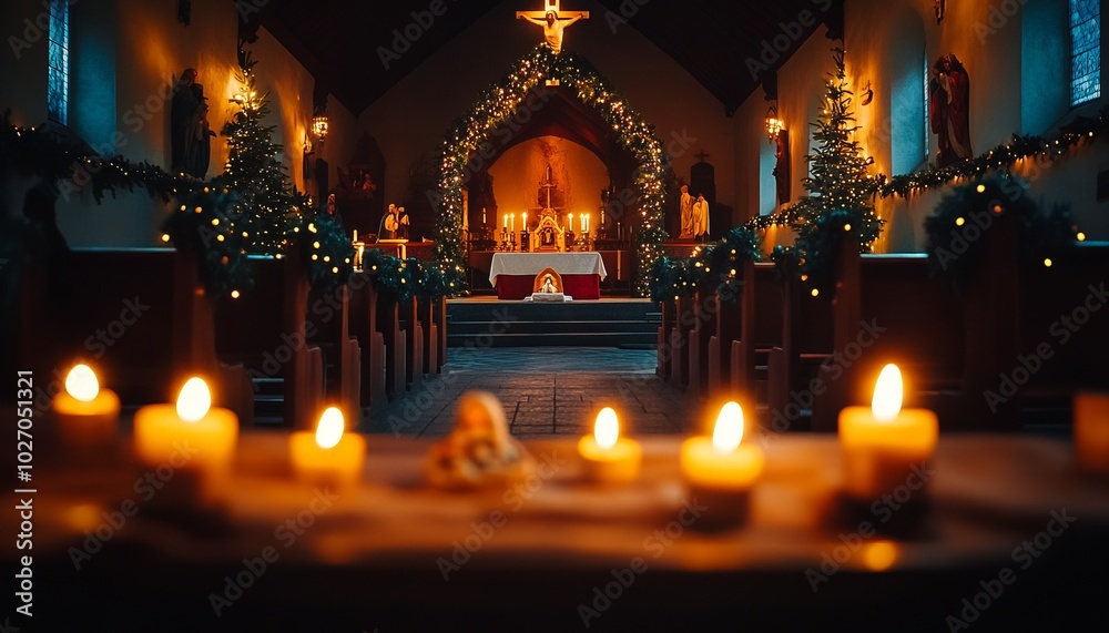 Canvas Prints A dimly lit church interior decorated for Christmas with candles in the foreground and an altar decorated with greenery and candles in the background.