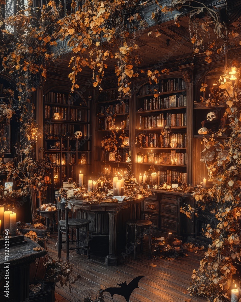 Poster A dimly lit room with a wooden table, chairs, and bookshelves. Candles and vines create a spooky atmosphere.