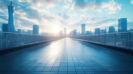 A city street with a bridge in the middle