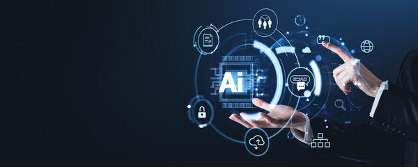 Digital technology concept with AI interface and hands interacting.