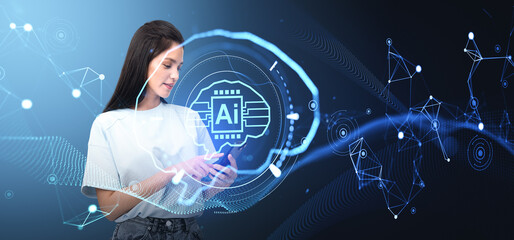 Woman using phone and looking at digital AI brain hologram and lines