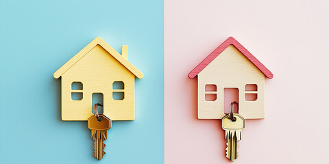 Two house keychains with keys on blue and pink backgrounds symbolize homeownership, real estate between contrasting settings, house choice and investment options concept