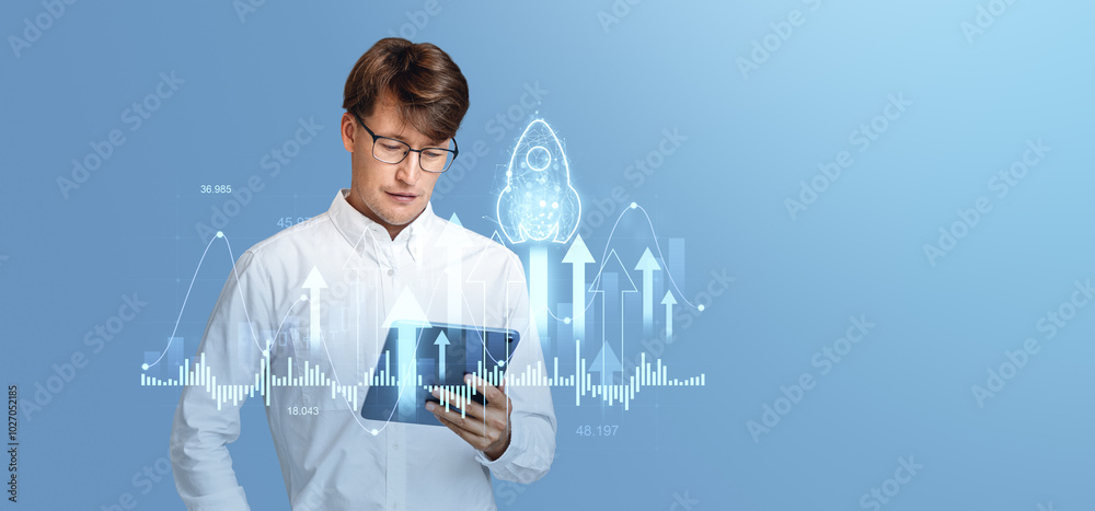 Poster professional man analyzing data on tablet with graphs and arrows