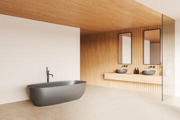 Modern bathroom interior with freestanding tub and wooden accents. 3D Rendering