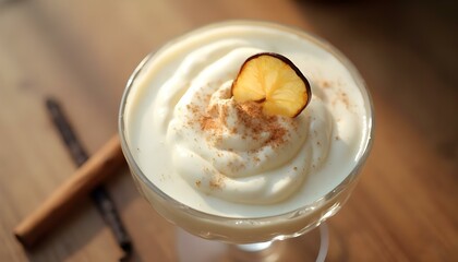 Eggnog with cinnamon in a glass on a wooden table