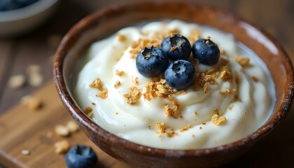 Greek yogurt with fresh blueberries and granola in a wooden bowl