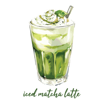 iced matcha latte in watercolor illustration style, isolated vector on white background