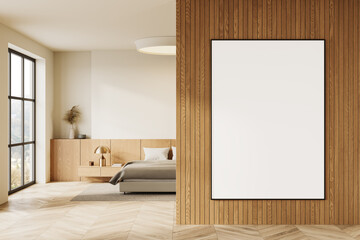 Cozy home bedroom interior with bed, drawer with panoramic window. Mock up frame