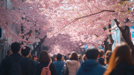 vibrant scene of cherry blossoms in full bloom along bustling street, creating picturesque atmosphere filled with people enjoying beauty of nature