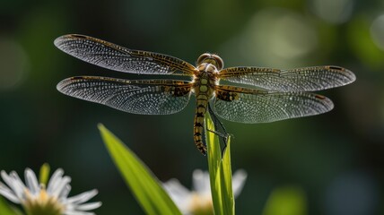 A dragonfly with translucent wings perches on a blade of grass with white flowers in the background.