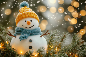 Snowman adorned with blue scarf and yellow hat in winter wonderland setting