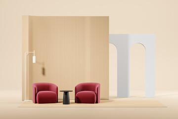 Living room interior with two armchairs and coffee table, arch wall design