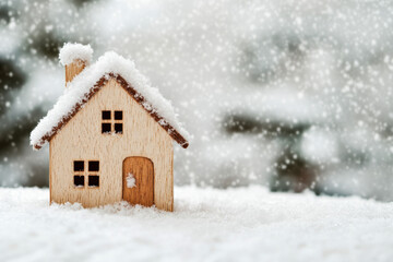 A wooden house covered in snow during a winter snowfall in a serene landscape