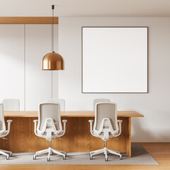 Office meeting room interior with board and chairs. Mockup frame