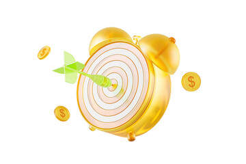 Golden alarm clock with a dart hitting the target and coins flying around. 3D Rendering